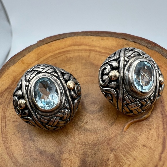 Detailed Vintage Sterling Silver and 18k with Blue Stone Earrings - Picture 1 of 12